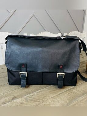 Jack Georges Black Leather & Nylon Messenger Bag Red Accent Laptop Satchel